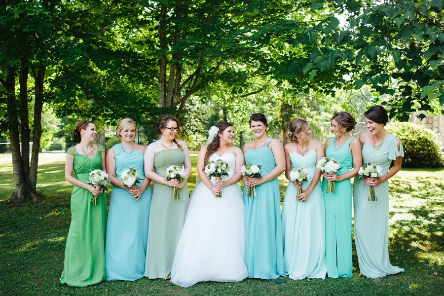 green and blue bridesmaid dresses